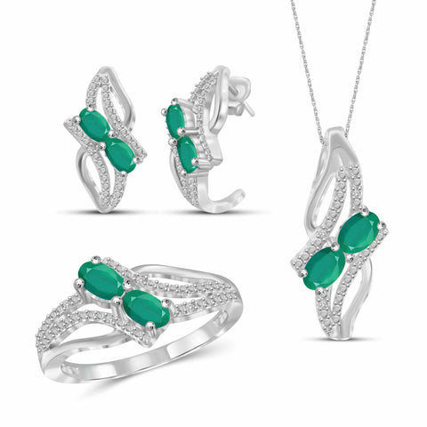 JewelonFire 1.80 Carat T.G.W. Emerald And 1/20 Carat T.W. White Diamond Sterling Silver 3 Piece Jewelry Set - Assorted Colors