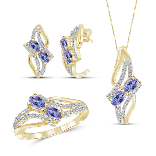 JewelonFire 1.90 Carat T.G.W. Tanzanite And 1/20 Carat T.W. White Diamond Sterling Silver 3 Piece Jewelry Set - Assorted Colors