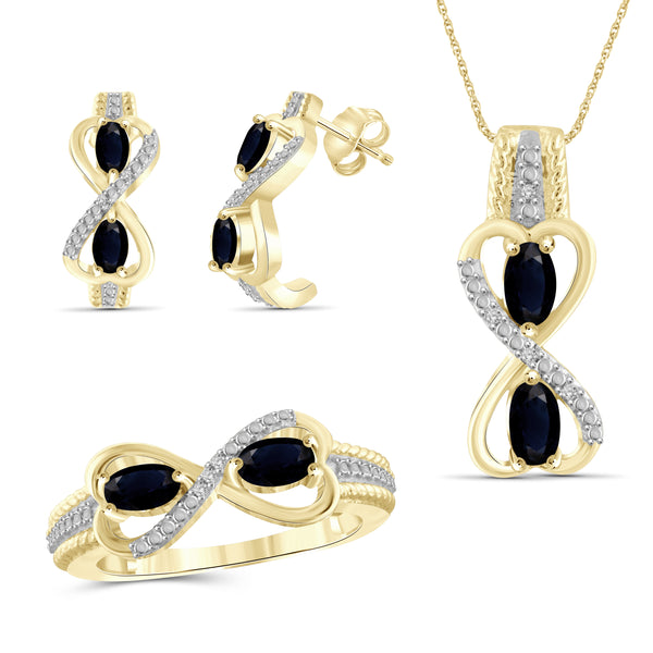 JewelonFire 2.50 Carat T.G.W. Sapphire And 1/20 Carat T.W. White Diamond Sterling Silver 3 Piece Jewelry Set - Assorted Colors