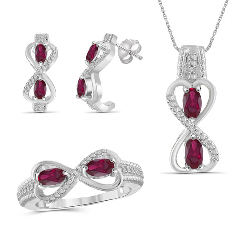 JewelonFire 2.00 Carat T.G.W. Ruby And 1/20 Carat T.W. White Diamond Sterling Silver 3 Piece Jewelry Set - Assorted Colors