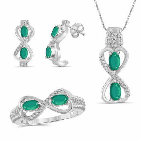 JewelonFire 1.80 Carat T.G.W. Emerald And 1/20 Carat T.W. White Diamond Sterling Silver 3 Piece Jewelry Set - Assorted Colors