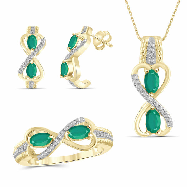 JewelonFire 1.80 Carat T.G.W. Emerald And 1/20 Carat T.W. White Diamond Sterling Silver 3 Piece Jewelry Set - Assorted Colors