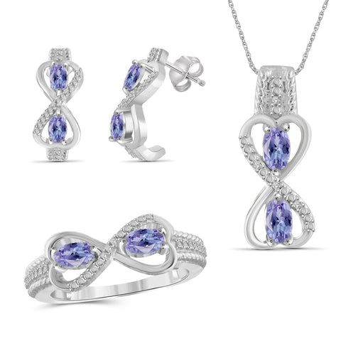 JewelonFire 1.90 Carat T.G.W. Tanzanite And 1/20 Carat T.W. White Diamond Sterling Silver 3 Piece Jewelry Set - Assorted Colors