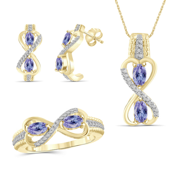 JewelonFire 1.90 Carat T.G.W. Tanzanite And 1/20 Carat T.W. White Diamond Sterling Silver 3 Piece Jewelry Set - Assorted Colors