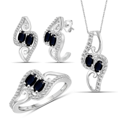 JewelonFire 2.50 Carat T.G.W. Sapphire And 1/20 Carat T.W. White Diamond Sterling Silver 3 Piece Jewelry Set - Assorted Colors