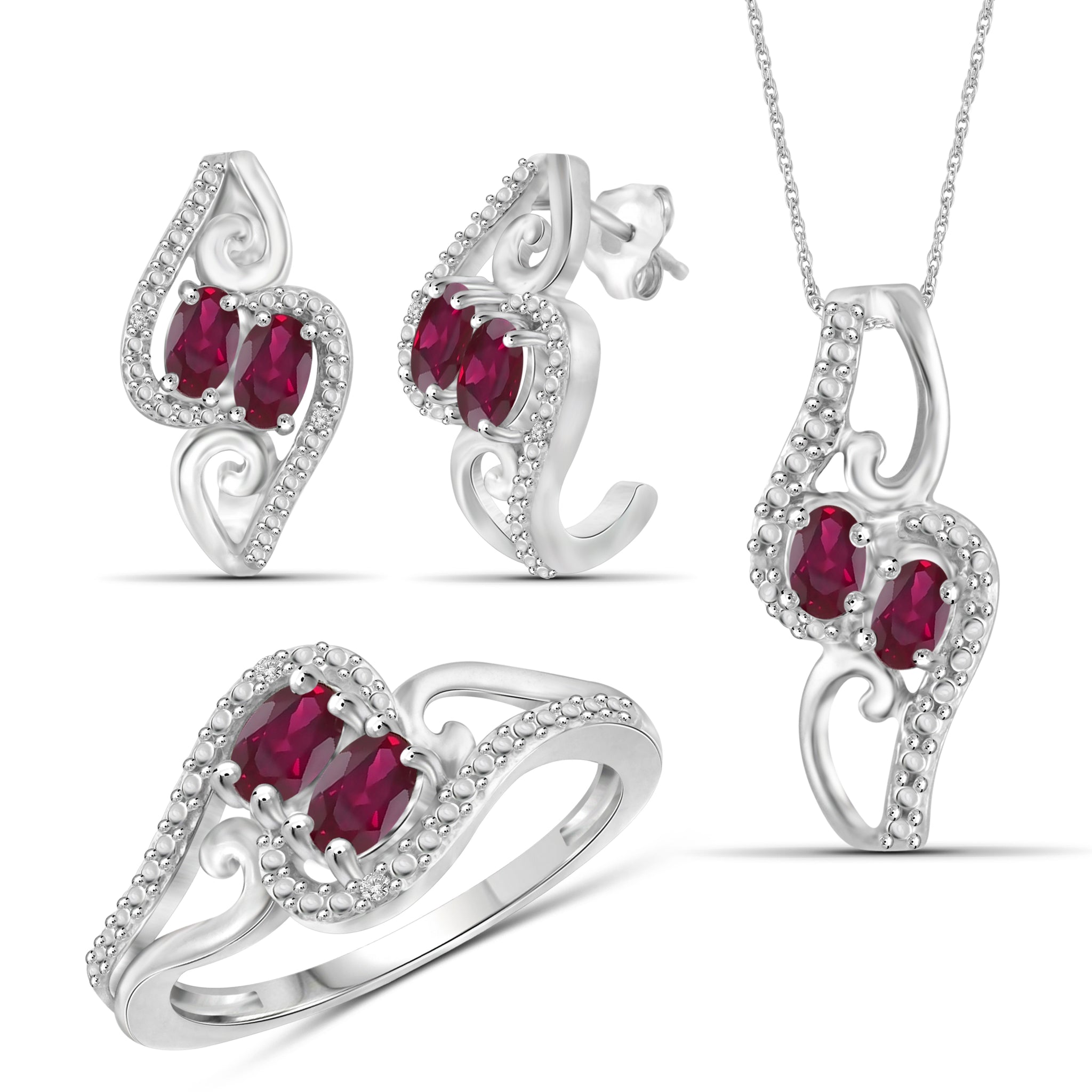 JewelonFire 2.00 Carat T.G.W. Ruby And 1/20 Carat T.W. White Diamond Sterling Silver 3 Piece Jewelry Set - Assorted Colors