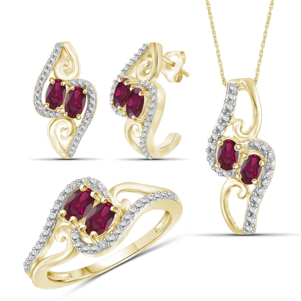 JewelonFire 2.00 Carat T.G.W. Ruby And 1/20 Carat T.W. White Diamond Sterling Silver 3 Piece Jewelry Set - Assorted Colors