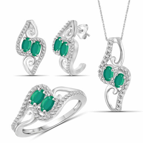 JewelonFire 1.80 Carat T.G.W. Emerald And 1/20 Carat T.W. White Diamond Sterling Silver 3 Piece Jewelry Set - Assorted Colors