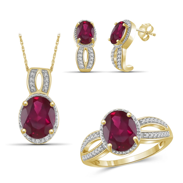 JewelonFire 9.90 Carat T.G.W. Ruby And 1/20 Carat T.W. White Diamond Sterling Silver 3 Piece Jewelry Set - Assorted Colors