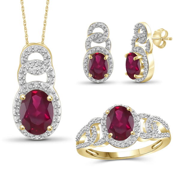 JewelonFire 5.60 Carat T.G.W. Ruby And 1/20 Carat T.W. White Diamond Sterling Silver 3 Piece Jewelry Set - Assorted Colors