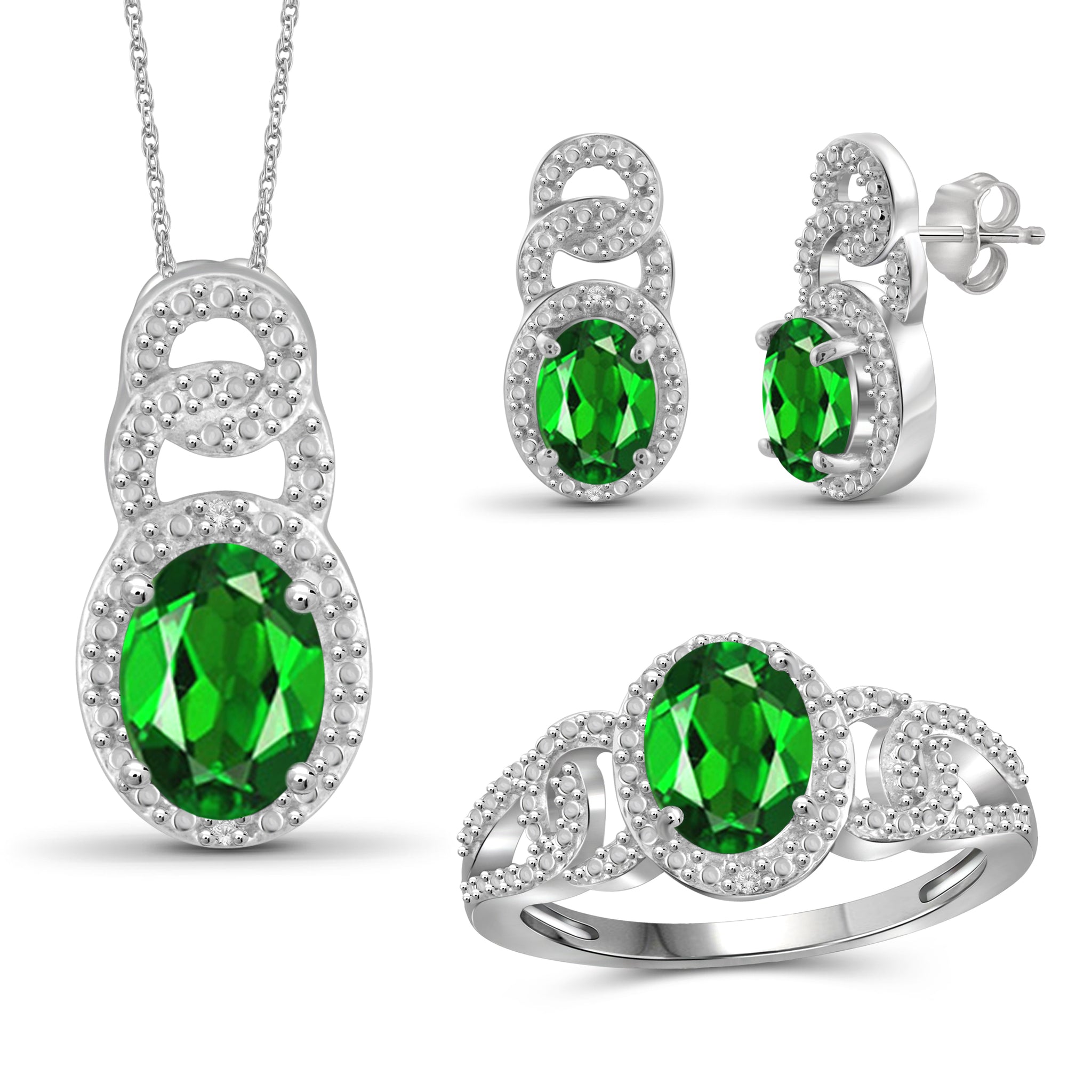 JewelonFire 4.00 Carat T.G.W. Chrome Diopside And 1/20 Carat T.W. White Diamond Sterling Silver 3 Piece Jewelry Set - Assorted Colors