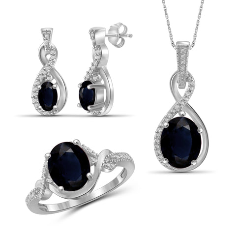 JewelonFire 4.50 Carat T.G.W. Sapphire And 1/20 Carat T.W. White Diamond Sterling Silver 3 Piece Jewelry Set - Assorted Colors