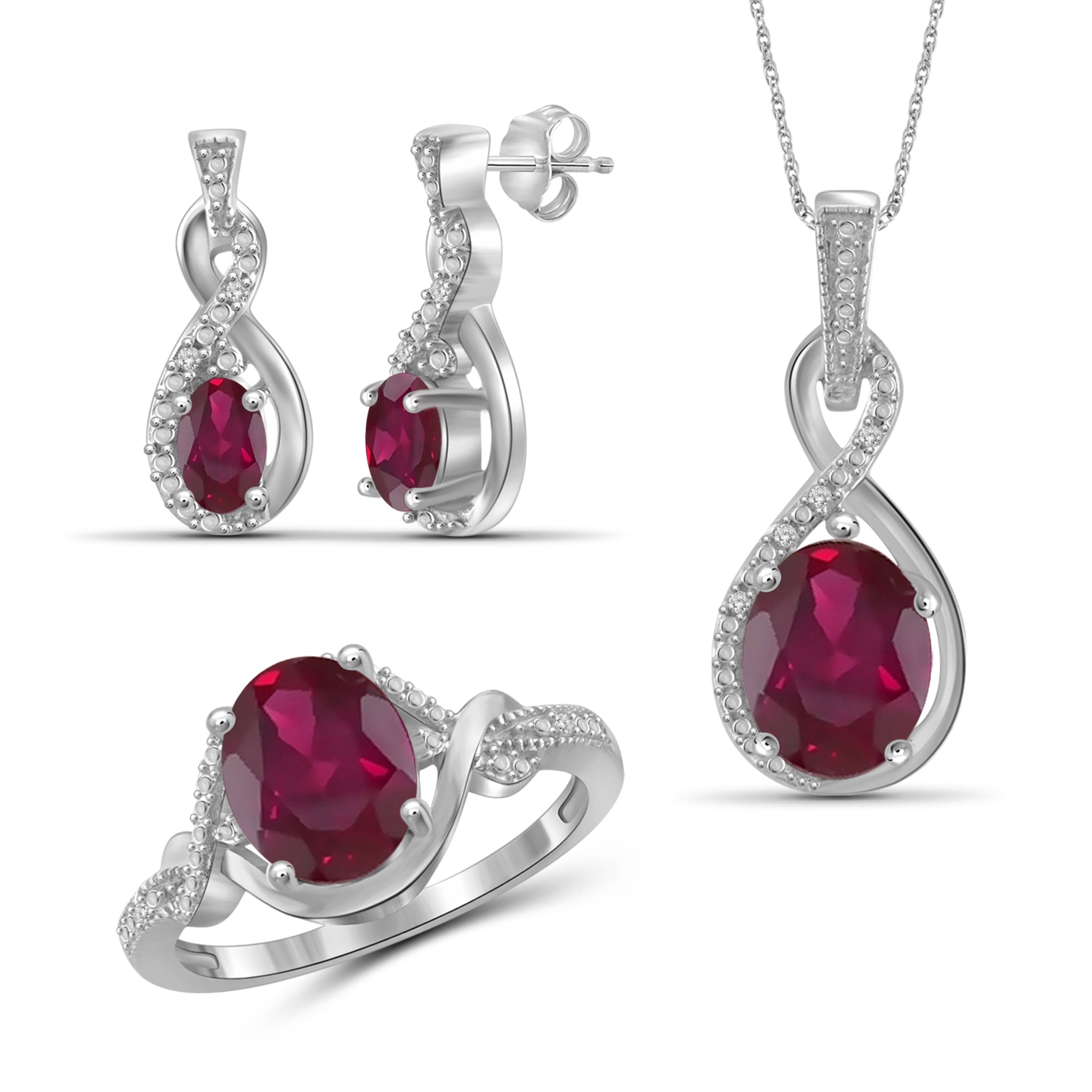 JewelonFire 5.40 Carat T.G.W. Ruby And 1/20 Carat T.W. White Diamond Sterling Silver 3 Piece Jewelry Set - Assorted Colors