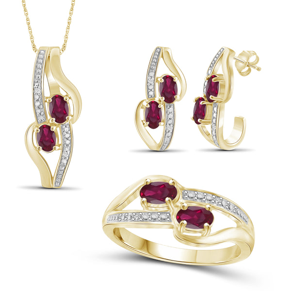 JewelonFire 2.00 Carat T.G.W. Ruby And 1/20 Carat T.W. White Diamond Sterling Silver 3 Piece Jewelry Set - Assorted Colors