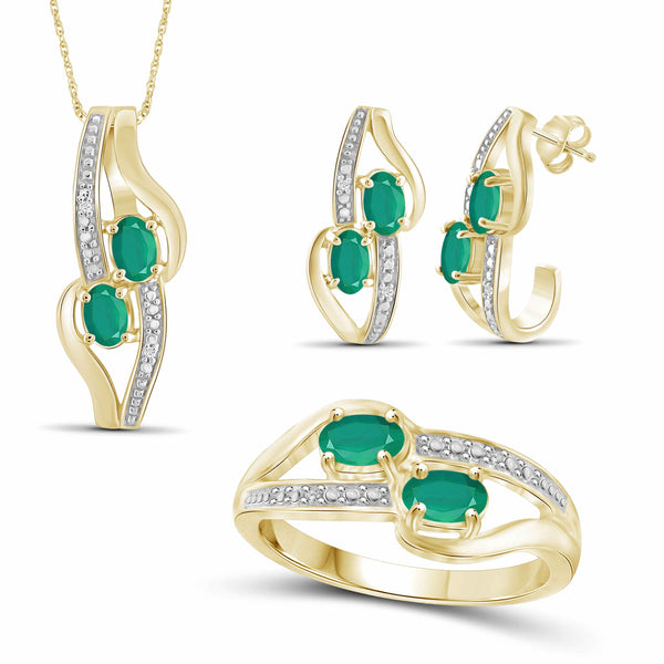 JewelonFire 1.80 Carat T.G.W. Emerald And 1/20 Carat T.W. White Diamond Sterling Silver 3 Piece Jewelry Set - Assorted Colors