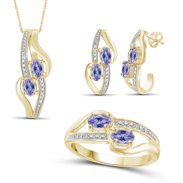 JewelonFire 1.90 Carat T.G.W. Tanzanite And 1/20 Carat T.W. White Diamond Sterling Silver 3 Piece Jewelry Set - Assorted Colors