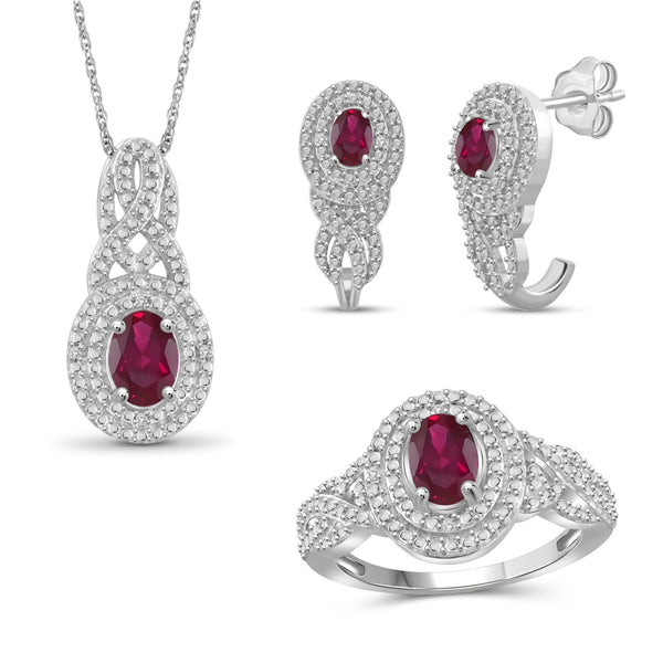 JewelonFire 2.30 Carat T.G.W. Ruby And 1/20 Carat T.W. White Diamond Sterling Silver 3 Piece Jewelry Set - Assorted Colors