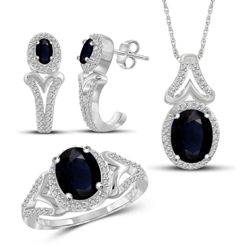 JewelonFire 4.50 Carat T.G.W. Sapphire And 1/20 Carat T.W. White Diamond Sterling Silver 3 Piece Jewelry Set - Assorted Colors