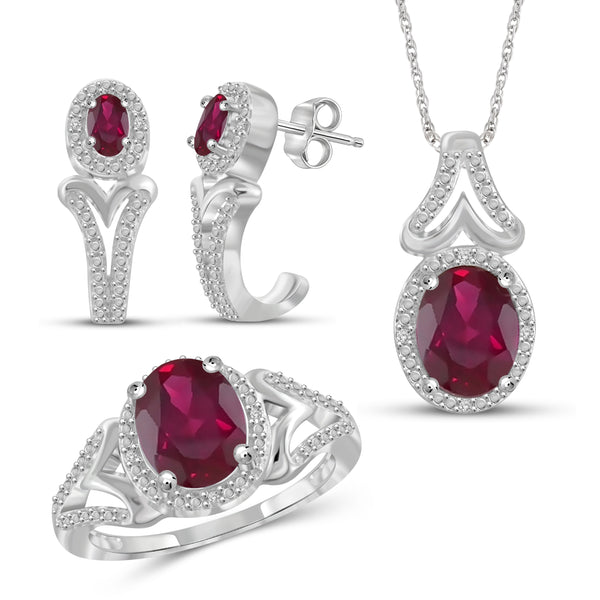 JewelonFire 5.40 Carat T.G.W. Ruby And 1/20 Carat T.W. White Diamond Sterling Silver 3 Piece Jewelry Set - Assorted Colors