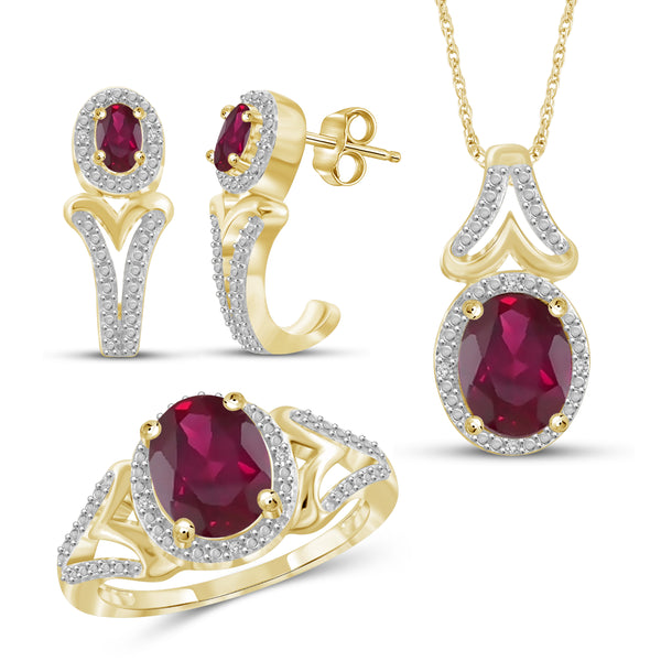 JewelonFire 5.40 Carat T.G.W. Ruby And 1/20 Carat T.W. White Diamond Sterling Silver 3 Piece Jewelry Set - Assorted Colors