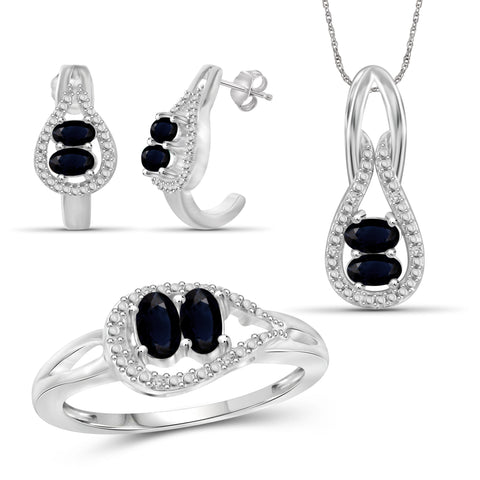 JewelonFire 2.50 Carat T.G.W. Sapphire And 1/20 Carat T.W. White Diamond Sterling Silver 3 Piece Jewelry Set - Assorted Colors