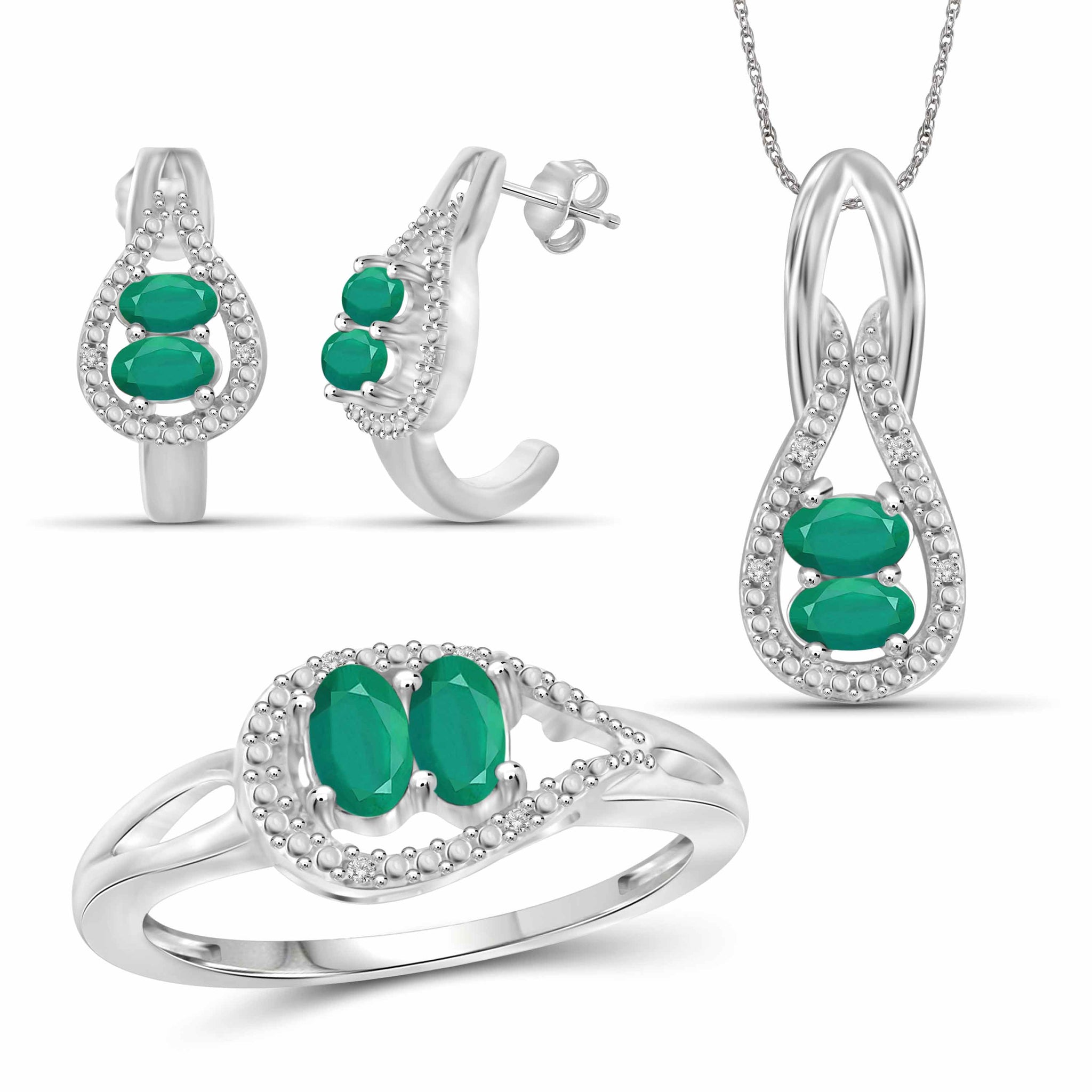 JewelonFire 1.80 Carat T.G.W. Emerald And 1/20 Carat T.W. White Diamond Sterling Silver 3 Piece Jewelry Set - Assorted Colors