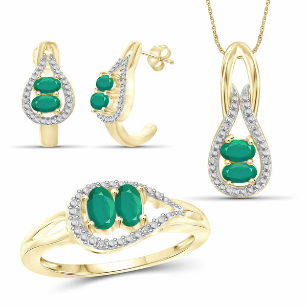 JewelonFire 1.80 Carat T.G.W. Emerald And 1/20 Carat T.W. White Diamond Sterling Silver 3 Piece Jewelry Set - Assorted Colors