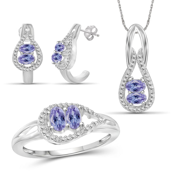 JewelonFire 1.90 Carat T.G.W. Tanzanite And 1/20 Carat T.W. White Diamond Sterling Silver 3 Piece Jewelry Set - Assorted Colors