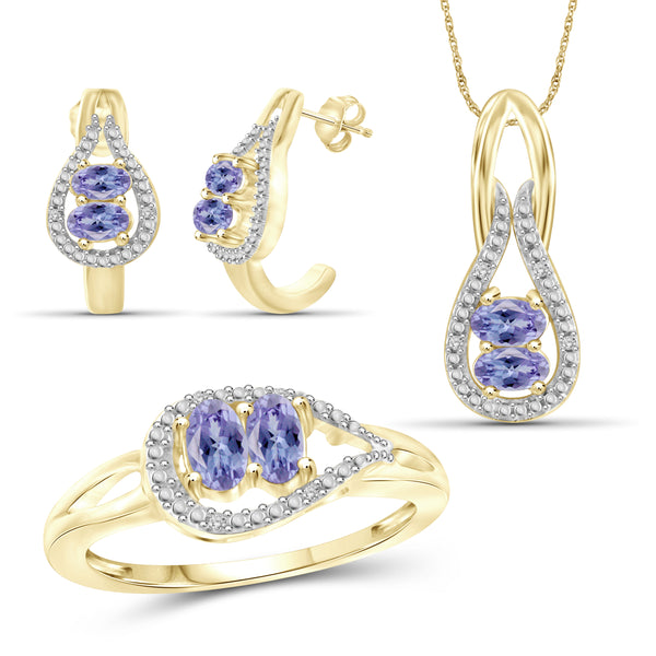 JewelonFire 1.90 Carat T.G.W. Tanzanite And 1/20 Carat T.W. White Diamond Sterling Silver 3 Piece Jewelry Set - Assorted Colors