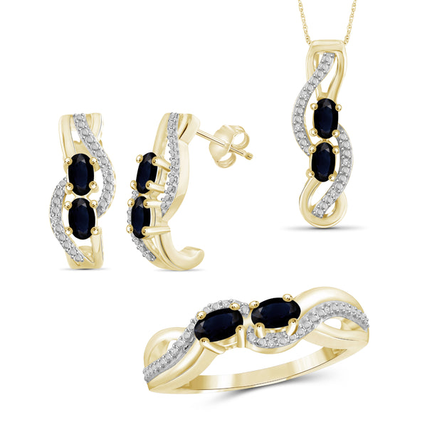 JewelonFire 2.50 Carat T.G.W. Sapphire And 1/20 Carat T.W. White Diamond Sterling Silver 3 Piece Jewelry Set - Assorted Colors