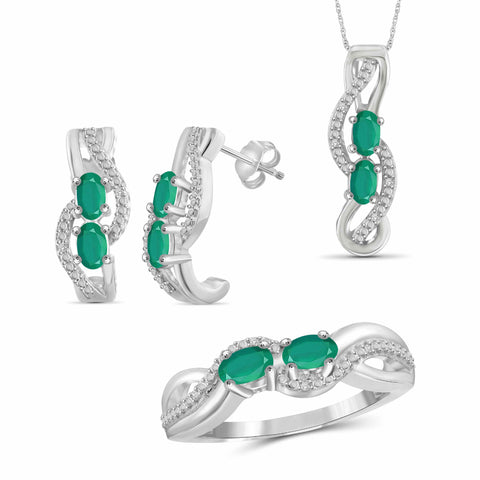 JewelonFire 1.80 Carat T.G.W. Emerald And 1/20 Carat T.W. White Diamond Sterling Silver 3 Piece Jewelry Set - Assorted Colors