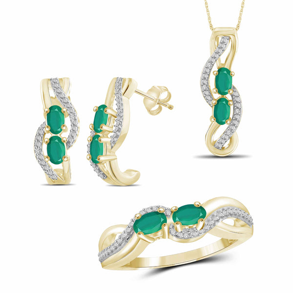 JewelonFire 1.80 Carat T.G.W. Emerald And 1/20 Carat T.W. White Diamond Sterling Silver 3 Piece Jewelry Set - Assorted Colors