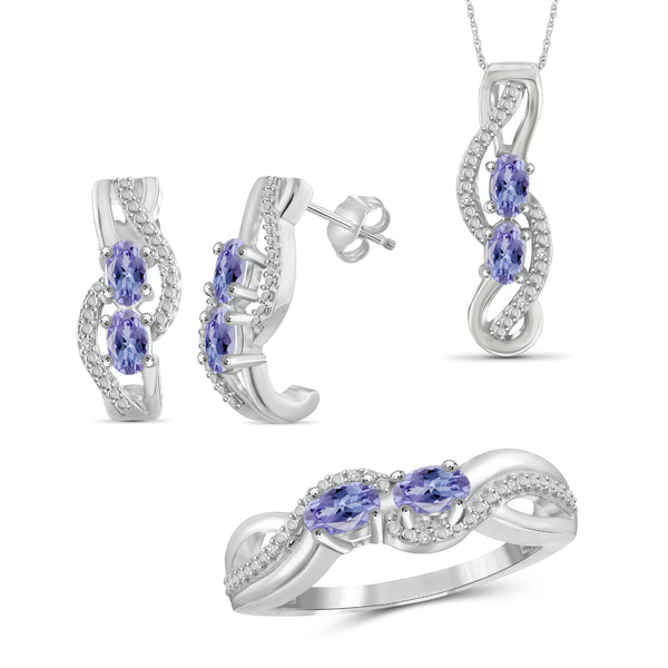 JewelonFire 1.90 Carat T.G.W. Tanzanite And 1/20 Carat T.W. White Diamond Sterling Silver 3 Piece Jewelry Set - Assorted Colors