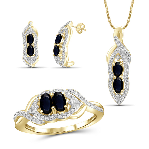 JewelonFire 2.50 Carat T.G.W. Sapphire And 1/20 Carat T.W. White Diamond Sterling Silver 3 Piece Jewelry Set - Assorted Colors