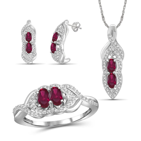 JewelonFire 2.00 Carat T.G.W. Ruby And 1/20 Carat T.W. White Diamond Sterling Silver 3 Piece Jewelry Set - Assorted Colors