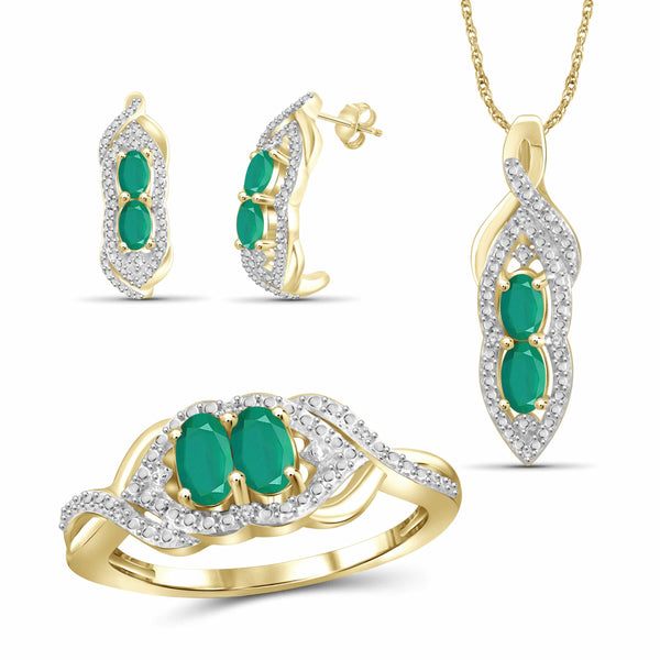 JewelonFire 1.80 Carat T.G.W. Emerald And 1/20 Carat T.W. White Diamond Sterling Silver 3 Piece Jewelry Set - Assorted Colors