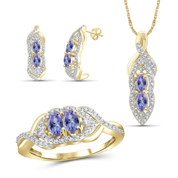 JewelonFire 1.90 Carat T.G.W. Tanzanite And 1/20 Carat T.W. White Diamond Sterling Silver 3 Piece Jewelry Set - Assorted Colors