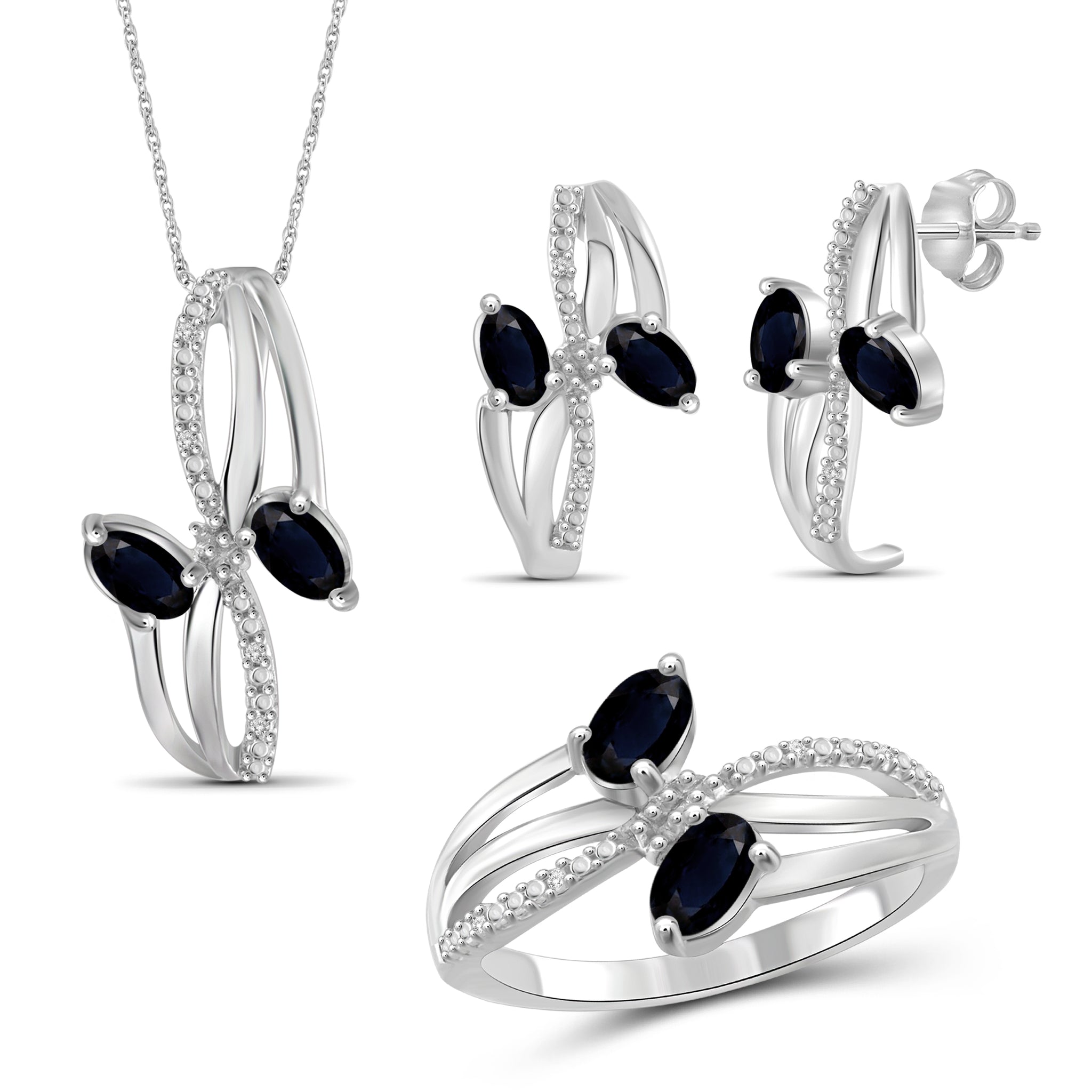 JewelonFire 2.50 Carat T.G.W. Sapphire And 1/20 Carat T.W. White Diamond Sterling Silver 3 Piece Jewelry Set - Assorted Colors