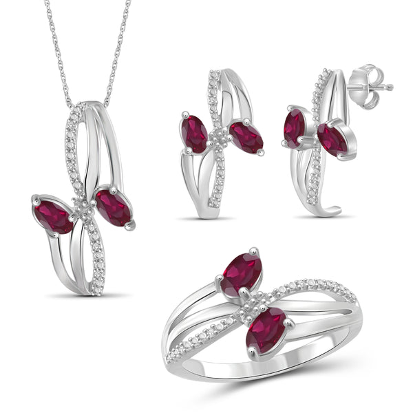 JewelonFire 2.00 Carat T.G.W. Ruby And 1/20 Carat T.W. White Diamond Sterling Silver 3 Piece Jewelry Set - Assorted Colors