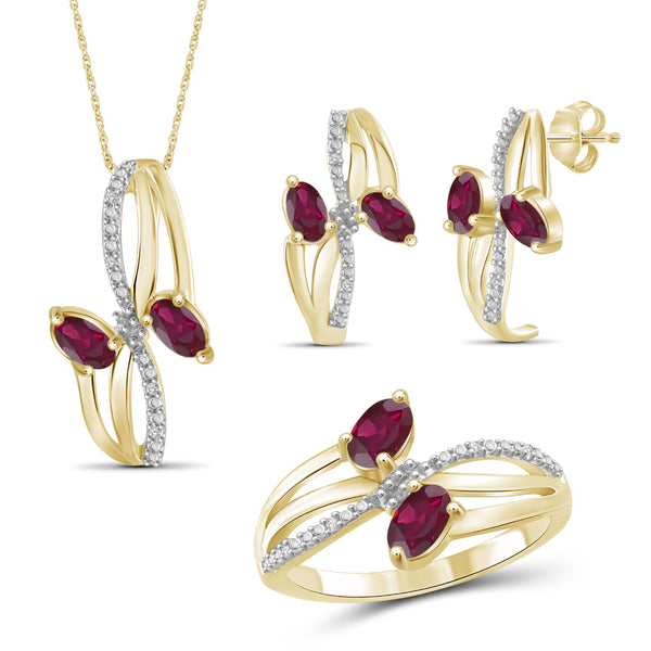 JewelonFire 2.00 Carat T.G.W. Ruby And 1/20 Carat T.W. White Diamond Sterling Silver 3 Piece Jewelry Set - Assorted Colors