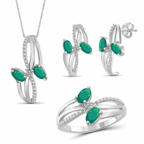 JewelonFire 1.80 Carat T.G.W. Emerald And 1/20 Carat T.W. White Diamond Sterling Silver 3 Piece Jewelry Set - Assorted Colors