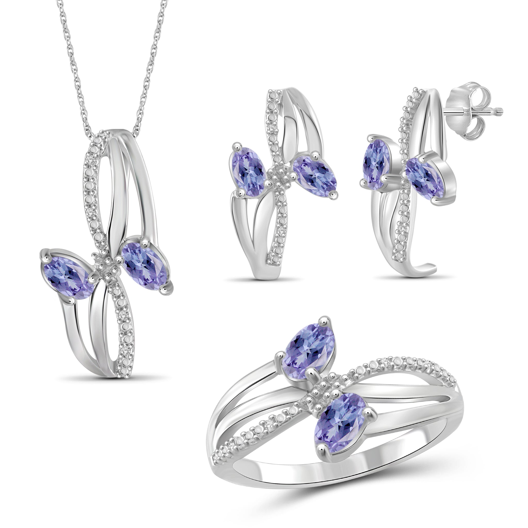 JewelonFire 1.90 Carat T.G.W. Tanzanite And 1/20 Carat T.W. White Diamond Sterling Silver 3 Piece Jewelry Set - Assorted Colors