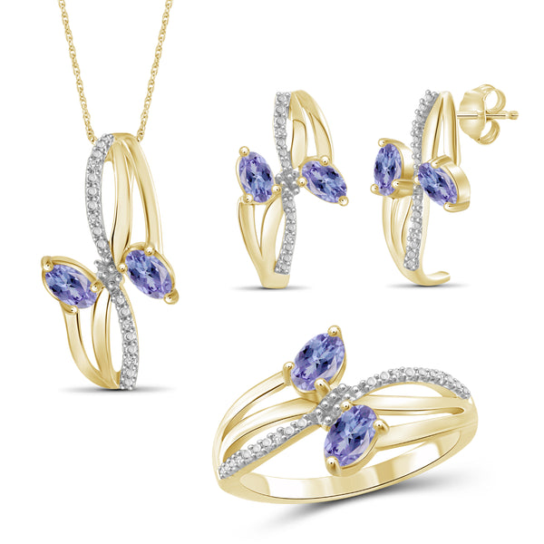 JewelonFire 1.90 Carat T.G.W. Tanzanite And 1/20 Carat T.W. White Diamond Sterling Silver 3 Piece Jewelry Set - Assorted Colors