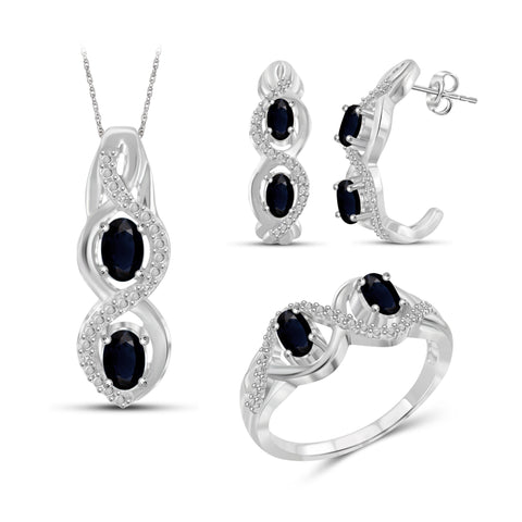 JewelonFire 2.50 Carat T.G.W. Sapphire And 1/20 Carat T.W. White Diamond Sterling Silver 3 Piece Jewelry Set - Assorted Colors