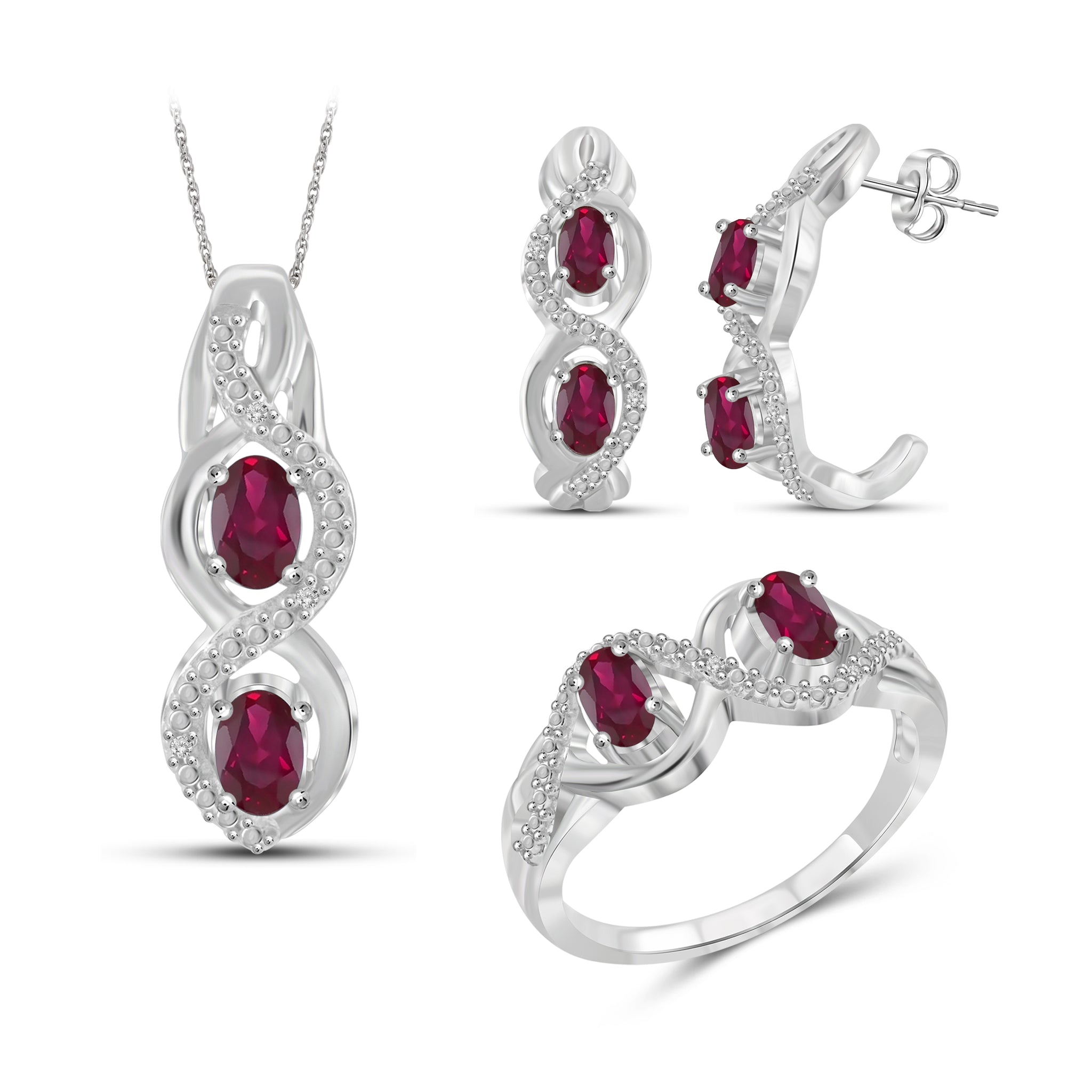 JewelonFire 2.00 Carat T.G.W. Ruby And 1/20 Carat T.W. White Diamond Sterling Silver 3 Piece Jewelry Set - Assorted Colors