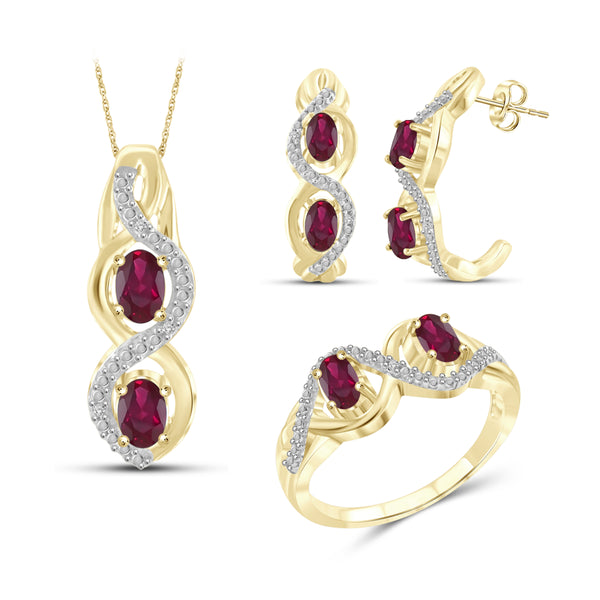 JewelonFire 2.00 Carat T.G.W. Ruby And 1/20 Carat T.W. White Diamond Sterling Silver 3 Piece Jewelry Set - Assorted Colors