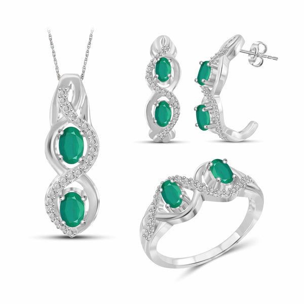 JewelonFire 1.80 Carat T.G.W. Emerald And 1/20 Carat T.W. White Diamond Sterling Silver 3 Piece Jewelry Set - Assorted Colors