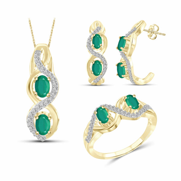 JewelonFire 1.80 Carat T.G.W. Emerald And 1/20 Carat T.W. White Diamond Sterling Silver 3 Piece Jewelry Set - Assorted Colors