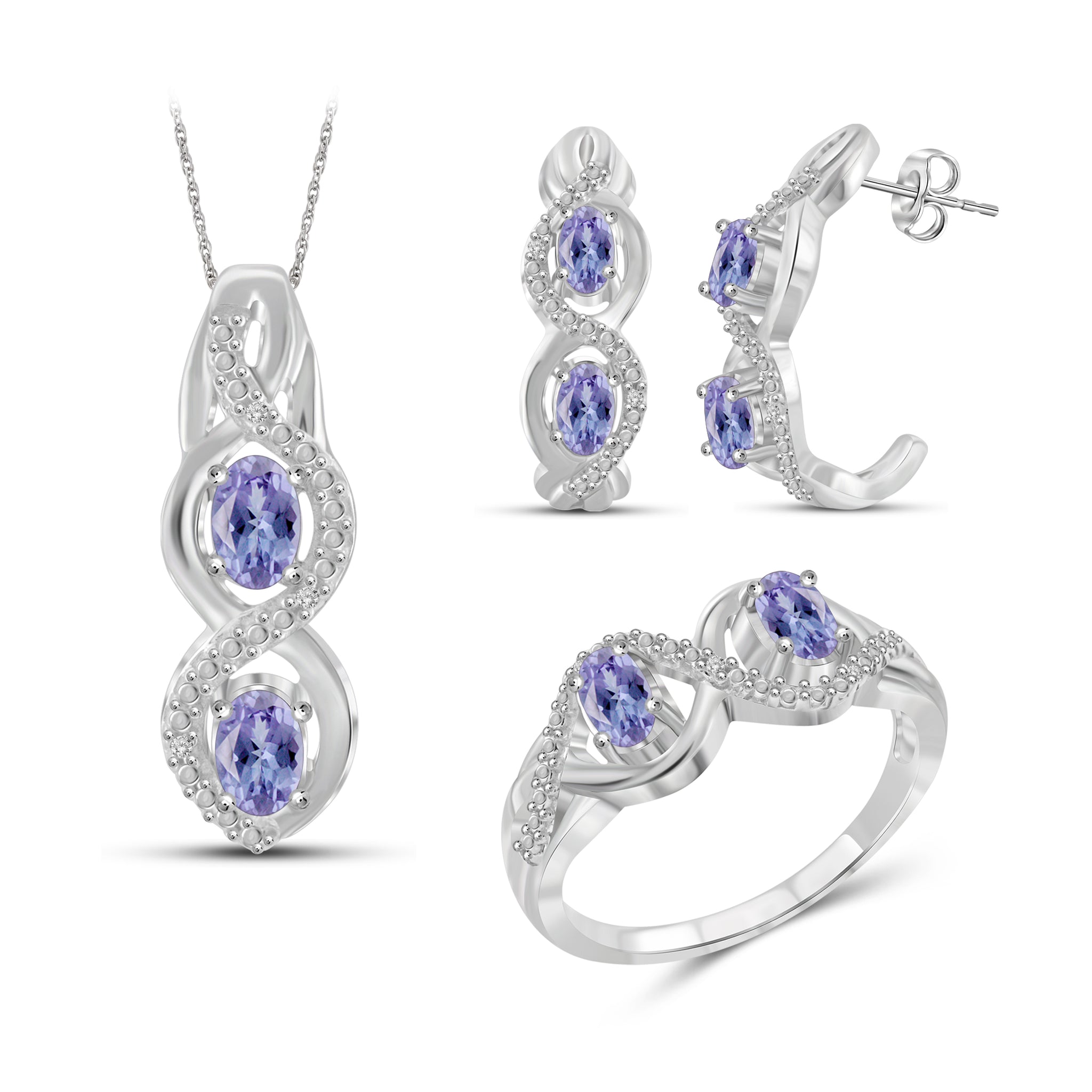 JewelonFire 1.90 Carat T.G.W. Tanzanite And 1/20 Carat T.W. White Diamond Sterling Silver 3 Piece Jewelry Set - Assorted Colors