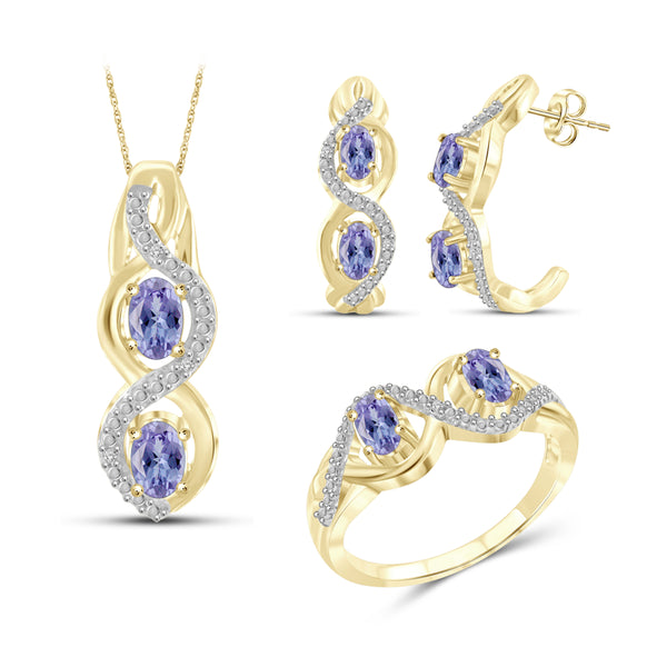 JewelonFire 1.90 Carat T.G.W. Tanzanite And 1/20 Carat T.W. White Diamond Sterling Silver 3 Piece Jewelry Set - Assorted Colors